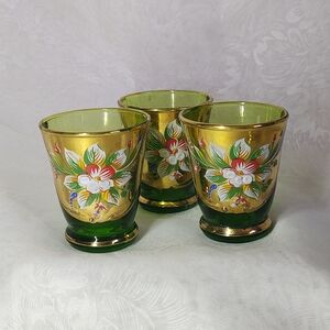 Elegant Italian Floral Green and Gold Glasses